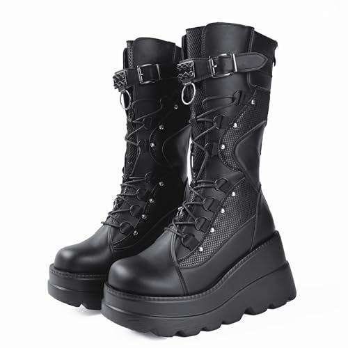 Image of Gothniero High Platform Knee Boots Chunky Heel Wedge Black Boots For Women Combat Goth Punk Motorcycle Booties Zip up With Metal Buckles Size5-11