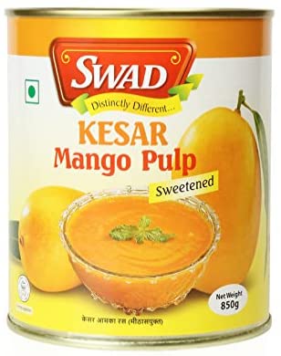 SWAD Kesar Pure Mango Pulp/Aamras Tin with No Added Preservative Sweetened - 850 Grams