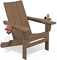SERWALL Modern Adirondack Chair, Folding Adirondack Chair with Cup Holders, Outdoor HDPE Fire Pit Chair for All Weather Use, Brown