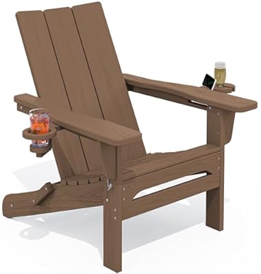 SERWALL Modern Adirondack Chair, Folding Adirondack Chair with Cup Holders, Outdoor HDPE Fire Pit Chair for All Weather Use, Brown