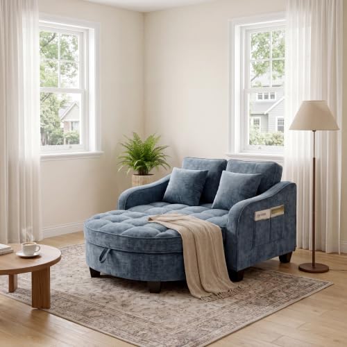 Image of ERYE Chenille Tufted Loveseat Sofa and Ottoman Set, Tufted Recliner Sleeper Chaise Lounge with Curved Storage Ottoman,Reclining Backrest and Side Pockets, 4 Pillows