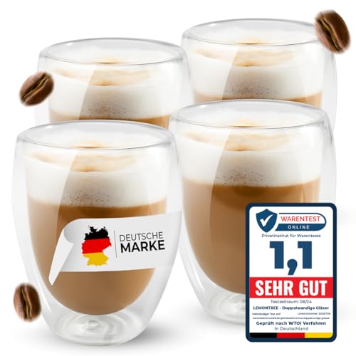 Lemontree 4er Set Latte Macchiato Gläser 350ml - doppelwandige Gläser - Design Kaffeetassen, Teegläser hitzbeständig, Cappuccino Tassen aus Borosilikatglas