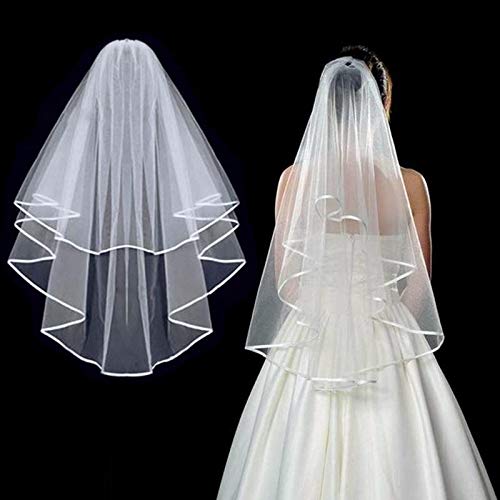 Velo Da Sposa Corto In Tulle Con Bordo A Nastro Bianco E Dettagli In Strass E Perle - Accessorio Per Capelli Con Pettine, Stile Fata - A#Tulle - 4