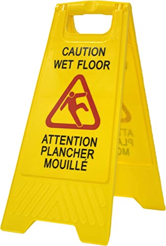 Panneau d'avertissement sol humide « Caution wet floor - Attention plancher mouillé ». En anglais et en français. Haute visibilité pour éviter les accidents Cover