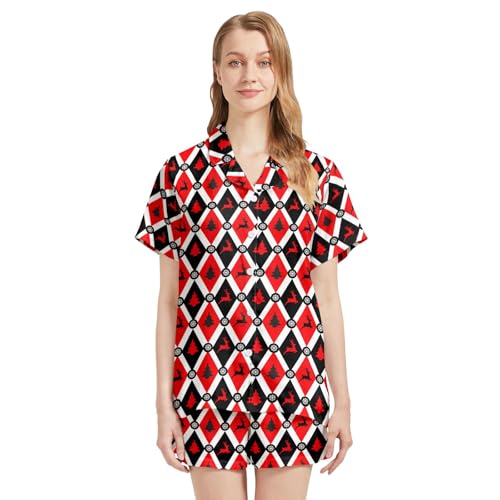 Image of Funny Pajamas for Women Set Print Satin Loungewear Pjs Short Sleeve Button Down Top and Shorts Sets Sleepwear XS-3XL