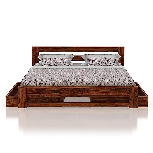 Image of Solid Wood Sheesham Regular Bed with 2 Drawer Storage for Living Room & Bedroom (72x60 Queen Size Mattress Compatible Bed)