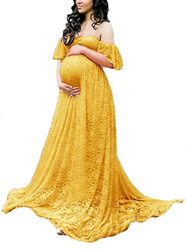Image of Maternity Photography Props Floral Lace Dress Fancy Pregnancy Gown for Baby Shower Photo Shoot (S, Mustard)