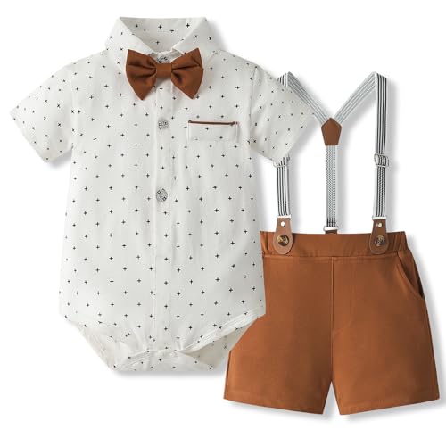 Image of BULINGNA Infant Baby Boy Gentleman Outfits Short Sleeve Romper Shirt with Bowtie + Suspender Bib Shorts Summer Suits Set