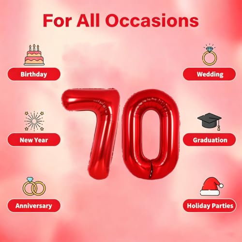 Image of Number Balloons Red Party Balloon - 40 Inch Large Number 70 Balloon, Numbers Balloon Birthday Decorations, Red Party Supplies for Anniversary