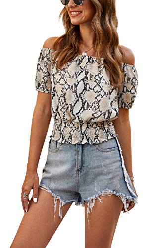 Hibluco Women's Off The Shoulder Crop Tops Smocked Waist Elastic Blouse Summer Tee