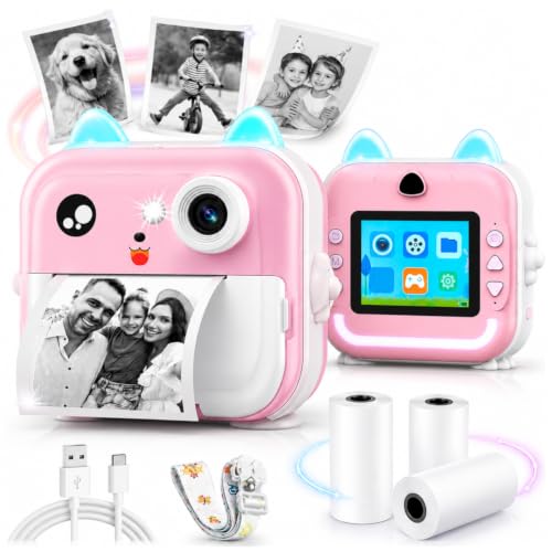 Image of CADDLE & TOES Instant Print Camera for Kids - 1080P HD, 48MP, Bluetooth, 3 Rolls Print Paper, Stickers, Fun Filters, Gift for Kids (Pink)