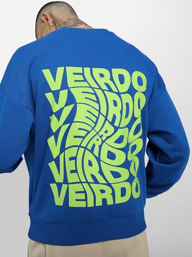 Image of Veirdo Cotton Polly Fleece Oversized Fit Blue Graphic Sweatshirt for Men