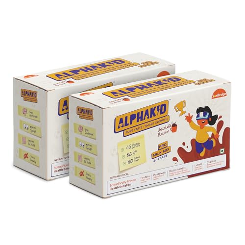 Image of Alphakid smart milk mix (2 + Years) | Chocolate flavour milk mix Protein Powder | No palm oil | No refined sugar | supports gut health | Sweetened with jaggery | boosts immunity | with Barley, Millet, Wheat, Jaggery & Ghee | Vitamins & Minerals | 14 pouches of 25gm each in monocarton | with 19 essential nutrients | Pack of 2