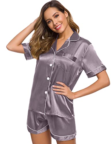 Image of SWOMOG Womens Silk Satin Pajamas Set Button Down Sleepwear Loungewear