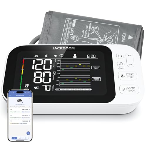 JACKBOOM Automatic Upper Arm Blood Pressure Monitor, 2x250 Readings, 5.5 in LCD Screen, Voice Guidance, Adjustable Cuff (8.7-16.5 in) with Storage Box and App