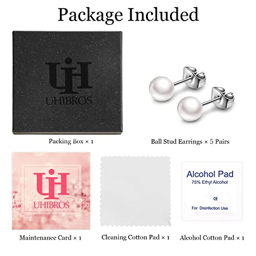 Uhibros Hypoallergenic Studs Earrings 316L Surgical Stainless Steel Shell Pearl Round Ball Earring For Women Men 5 Pairs Assorted Sizes(4Mm-8Mm) #TOP5