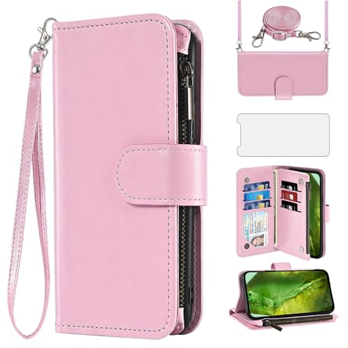 Coque Pixel 8A 5G avec bandoulière amovible et portefeuille zippé rose