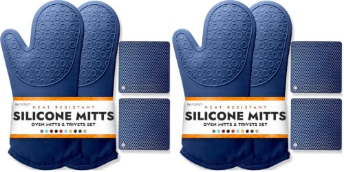 Image of BPA-Free Soft Silicone 4 Piece Oven Mitts & Trivets Set - Ultra Heat Resistant Oven Mitts with Thick Cotton Liner - Long Slip Resistant Pot Holders, Flexible Oven Gloves - Royal Blue (Pack of 2)
