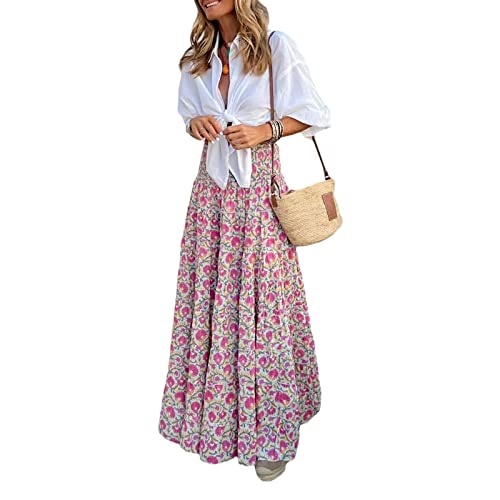 Womens Flowy Maxi Skirt Vintage Floral Print High Waist Elastic A Line Boho Beach Holiday Long Skirts3