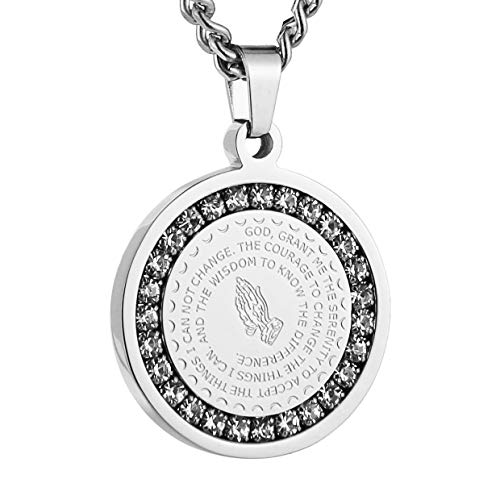 HZMAN Bible Verse Prayer Necklace Christian Jewelry Gold Stainless Steel Praying Hands Coin Medal Pendant (CZ Silver)