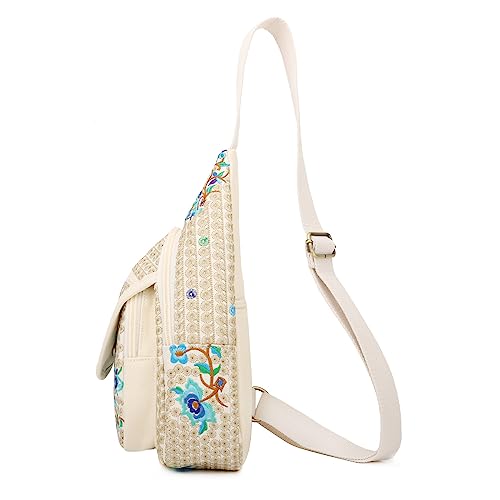 Image of SILKAREA Vintage Canvas Small Sling Bag for Women's Chest Purses Handbag Crossbody Bag Boho Embroidered Backpack Purse (Beige Blue)