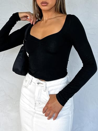 ForeFair Women’s Sexy Long Sleeve Going Out Tops Pleated Bustier Shirt Cute Sweetheart Neck Y2K Cropped Top