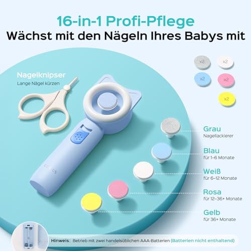 COSLUS C50 Baby Nagelfeile elektrisch mit 360° LED-Licht 16-in-1,Himmelblau – Ansicht 6