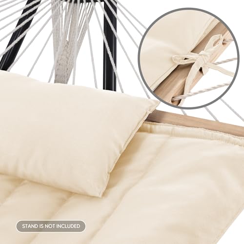 Image of SUNCREAT 2 Person Hammock with Hardwood Spreader Bar, Outdoor Rope Hammock with Polyester Pad, 475 lbs Capacity, Beige