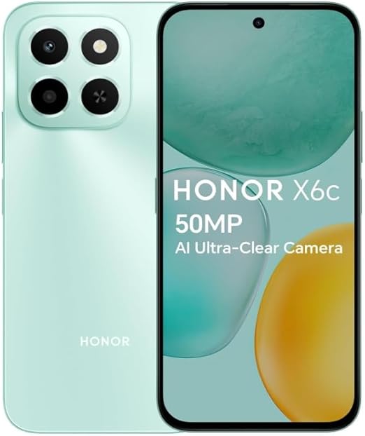 جوال هونر X6c غير مقفل بشاشة 6.61 بوصة 120Hz مريحة للعين وذاكرة 6 + 128GB، كاميرا 50MP بالذكاء الاصطناعي ومقاومة فائقة للسقوط والماء، اندرويد 15، لون سيان اوشن (أزرق)