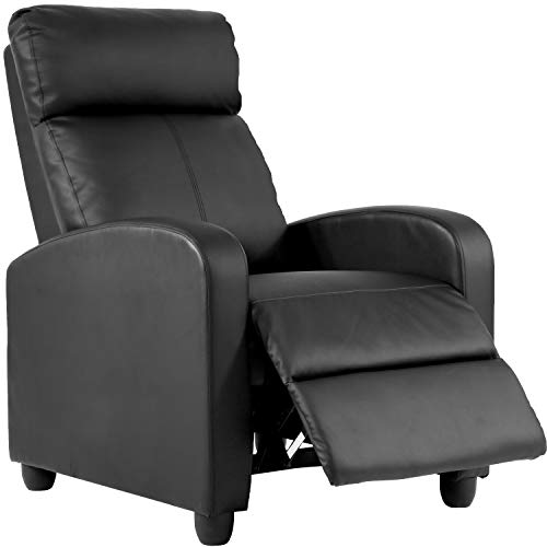 Image of PayLessHere Recliner Chair Single Reclining Sofa Home Theater Seating with Lumbar Support and Padded Backrest for Living Room and Bedroom (Leather, Dark Black)