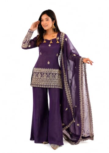 Buy Kryvyn PRESENTING NEW CRUNCHY SILK FABRIC WITH EMBROIDERY SEQUENCE AND JARI WORK,TOP WITH DUPPTA SET,BELL BOTTOM PENT READY TO WEAR XS | PURPLE at Amazon.in - Image 2