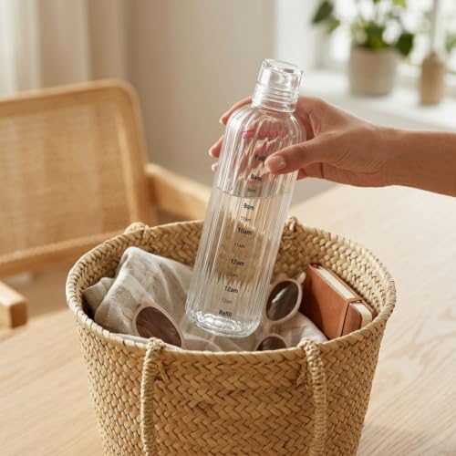 Image of Borosilicate Water Bottles, H2O Fridge Water Bottle with Cap, Leak proof & Airtight Lid, Water Bottle for Office, School, College - 500ml Bottles with Time Marker (Striped White)