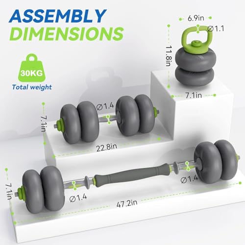 Image of Dolphy Adjustable 30kg Soft Rubber Dumbbell Set PVC Material Strength Training Barbell Free Weights, 4-in-1 Used as Barbell, Dumbbells, Kettlebell, Weight Plates, Space Saving Fitness Exercise for Men /Women - 30 kg