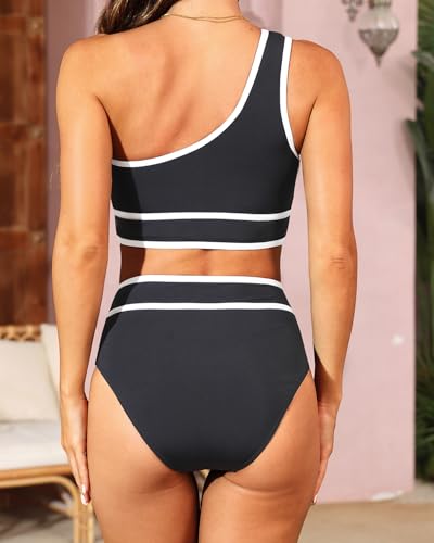 Holipick Black Women'S One Shoulder Bikini Set High Waisted Bathing Suit Color Block Two Piece Swimsuit thumb #1