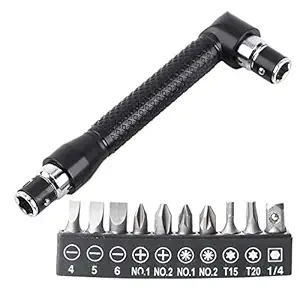 Kigauru Double-Headed L-Shaped Socket 1/4 Inch Hex Socket Wrench 90 Degree Right Angle Screwdriver Adapter with 10Pcs Various Angled Screwdriver Bits Tool