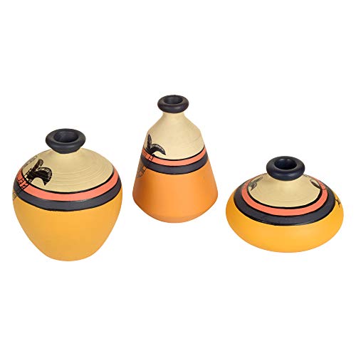 Image of Aakriti Art Creations Yellow Terracotta Vases with Madhubani Tattoo Art Set of 3 | Hand-Painted Flower Vases | Matte Finish Decorative Vases for Living Room, Table Decor & Gifting