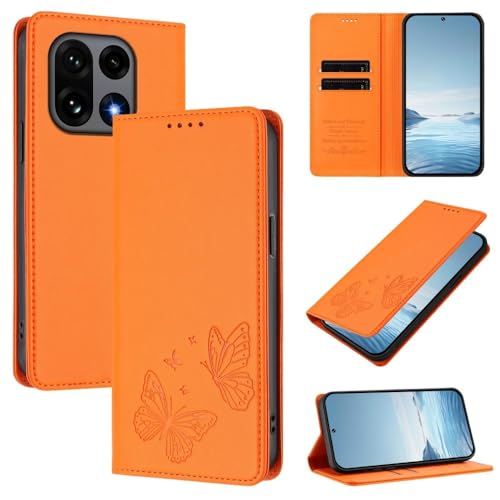 Pochette Oppo Reno 8 5G orange avec motif papillon et fermeture aimantée