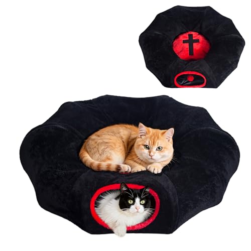 Purrzone Gothic Cat Bed Coffin Cat Tunnel House with Washable Cushion Fits Indoor Cats up to 25 lbs Cute Peekaboo Cave Pet Bed for Kittens Rabbits Halloween Goth Design Black Red