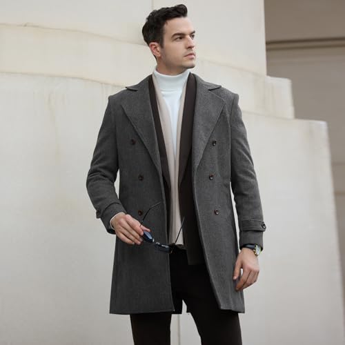 Mens Trench Coat Slim Fit Pea Coats Double Breasted Winter Wool Jackets Notched Lapel Collar Overcoat4