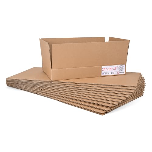 Image of Flat Cardboard Boxes 24 inchL x 15 inchW x 3 inchH (Pack of 12) - USA-Made Packing Boxes for Moving, Shipping, or Storage - USPS, UPS, FedEx Approved - Professional Packing Supplies for Moving | USA-Made Packing Boxes for Moving, Shipping, or Storage - USPS, UPS, FedEx Approved - Professional Packing Supplies