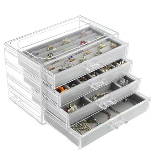 Weiai Acrylic Jewelry Organizer, Clear Jewelry Box with 4 Drawers, Jewelry Case Storage for Women (Beige)