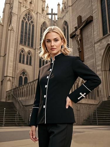 FAD-4U Women Long Sleeves Clergy Coat with Stand Up Collar Button Down Pastor Clergy Dresses2
