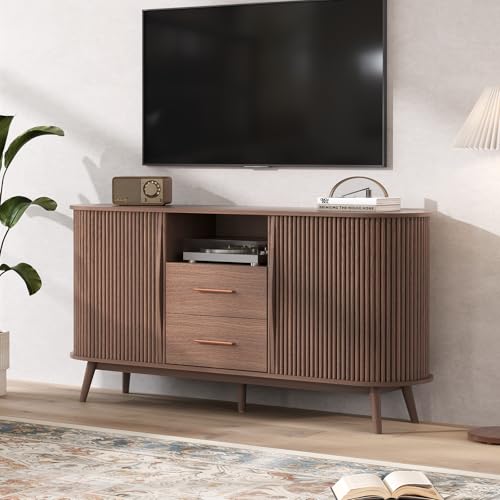 Image of JOINICE Walnut Sideboard Buffet Cabinet with Storage for Dining Room,63 inch | Mid-Century Modern Storage Cabinet,2 Drawers&Fluted Sliding Doors,Solid Wood Legs,adjustable shelf,supports up to 100 lbs