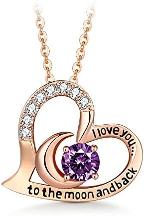 T400 Sterling Silver Birthstone Necklace I Love You to The Moon and Back with Cubic Zirconia Rose Gold Plated Heart Pendant Necklaces Birthday Gift for Women Girls 18"+2" Chain
