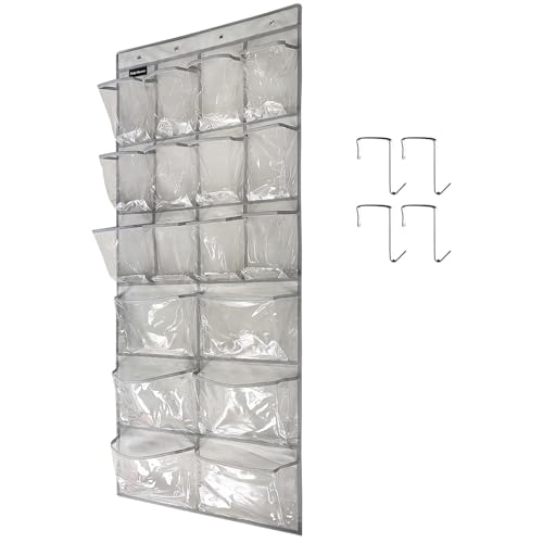 TidyMaster Extra Large Hanging Crystal Clear Over The Door Shoe Organizer - 18 Clear Pockets (12+6), 1 Pack (4 Hooks), Shoe Rack for Closet & Bedroom, White, (59" x 21.6")