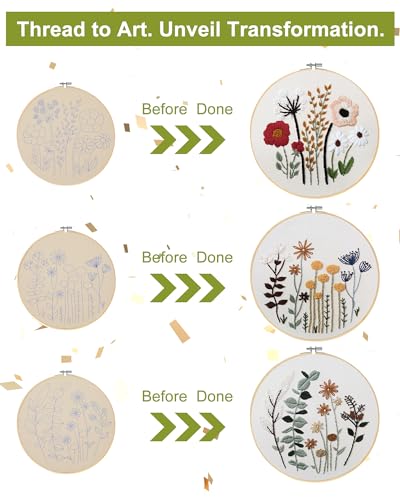 Image of Santune 3 Sets Embroidery Kit,Cross Stitch Kits for Beginners,Needlepoint Kits for Adults with Easy Floral Pattern Hand Crafts,Hoop,Needle,Mothers Day Gifts