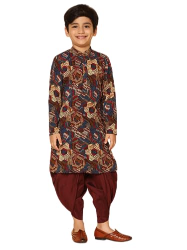 Image of KISAH Kid's Full Sleeves Cotton Blend Knee Length Printed Maroon Kurta Dhoti Set (7-8Y)