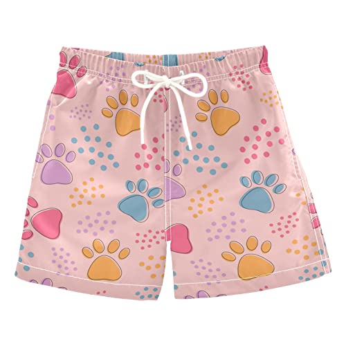 senya Boys Swim Trunks Quick Dry UPF 50+ Pets Paws Cat Dog Footprint Cute Dots Pink Beach Board Shorts Kids Bathing Suits Swimsuit, S