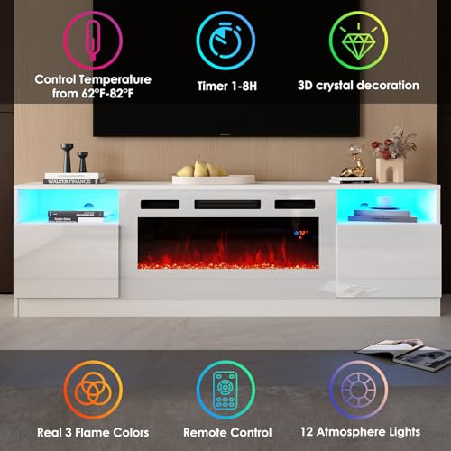Image of AMERLIFE 80 inch Fireplace TV Stand with 40 inch Electric Fireplace | White, Matte Texture Finish, Modern Entertainment Center, Highlight Storage Cabinet, 12 Colors LED Lights, Fits 90 inch TVs