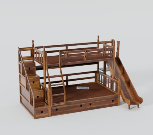 Image of Wudniture Solid Sheesham Wood Bunk Bed with Slide and Storage for Kids and Adults (Teak Finish)